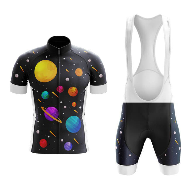 Experience the cosmos with the Solar System Planets Cycling Jersey Set, featuring a black short-sleeve jersey and bib shorts adorned with colorful planets, stars, and meteors illustrations for a vibrant retro cycling vibe.