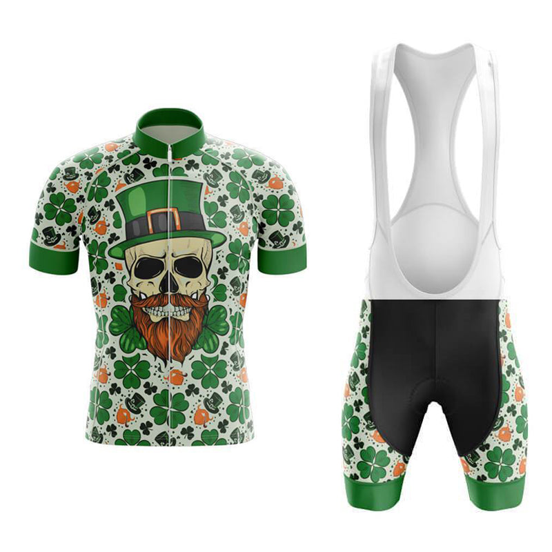 Celebrate St. Patricks Day in style with the Lucky Irish Skull Retro Cycling Jersey Set featuring a vibrant skull design with green and orange shamrocks, paired with black bib shorts that have green cuffs and white suspenders—perfect for any festive ride.
