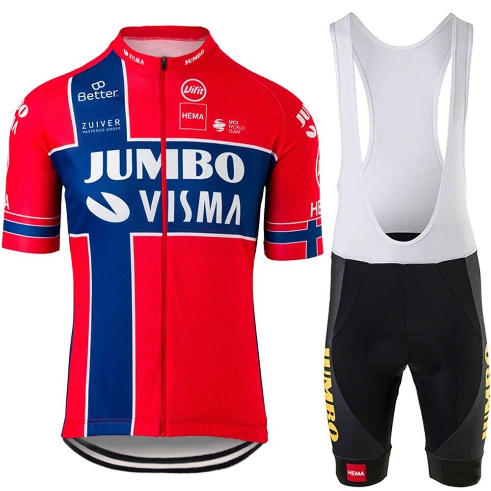 The Jumbo Visma Pro Team Cycling Jersey Set includes a red jersey with blue and white detailing and black bib shorts. Both feature brand logos, with Jumbo and Visma on the jersey and yellow Jumbo text on the shorts, crafted from lightweight polyester.