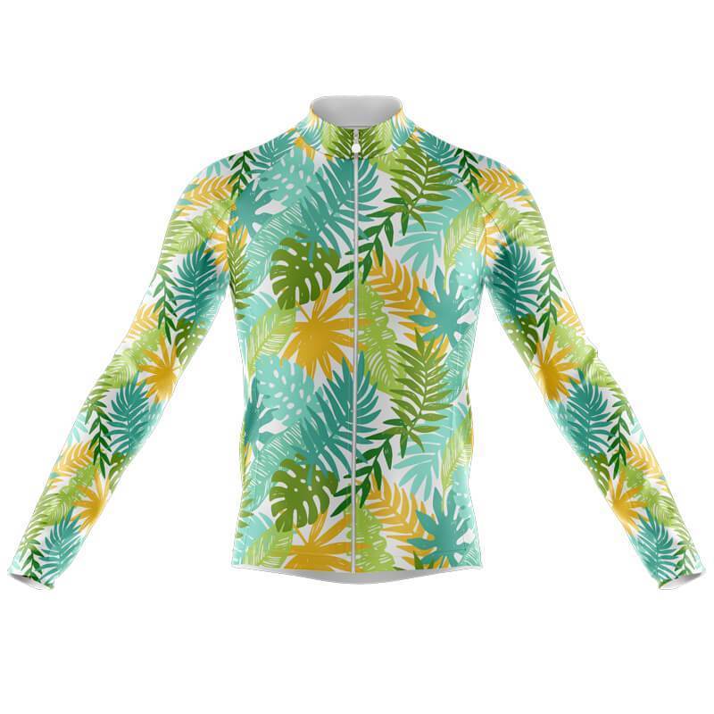The Womens Long Sleeve Floral Bright Palms Cycling Jersey features a symmetrical tropical leaf pattern in green, yellow, and blue. It includes a full front zipper and high collar for comfort and style. Fleece option available.