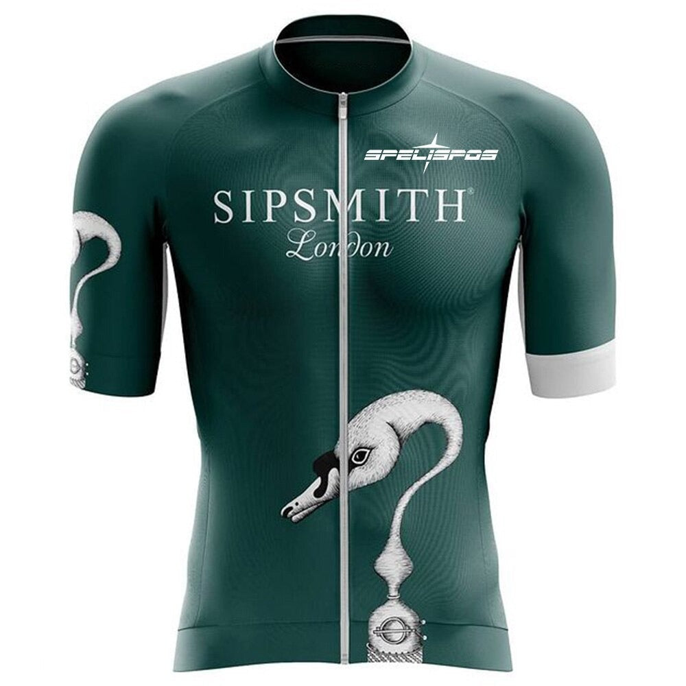 The Sipsmith Gin Retro Cycling Jersey is made from lightweight polyester and features a striking swan illustration with black and white details. Sipsmith London is displayed on the front, complemented by green sleeves with white cuffs for added flair.