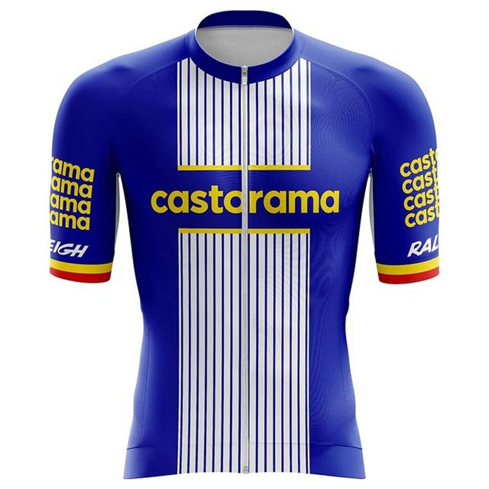 The Castorama Retro Cycling Jersey is a lightweight polyester piece inspired by a French cycling team. It features a blue design with white vertical stripes and castorama in yellow on the chest and sleeves, with red and yellow bands on the sleeve ends.