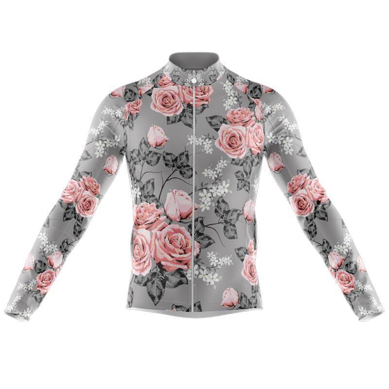 The Floral Grey Pink Cycling Jersey features a floral design with pink roses and dark green leaves on a gray backdrop, includes long sleeves, a front zipper, and delicate white accents like small flowers for added symmetryβperfect for stylish rides.