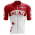 The Heinz Tomato Ketchup Cycling Jersey is made from performance fabric and features a red and white design with Heinz Tomato Ketchup and bottle prints on the sleeves, plus a red splatter detail on the lower part for stylish comfort during your ride.