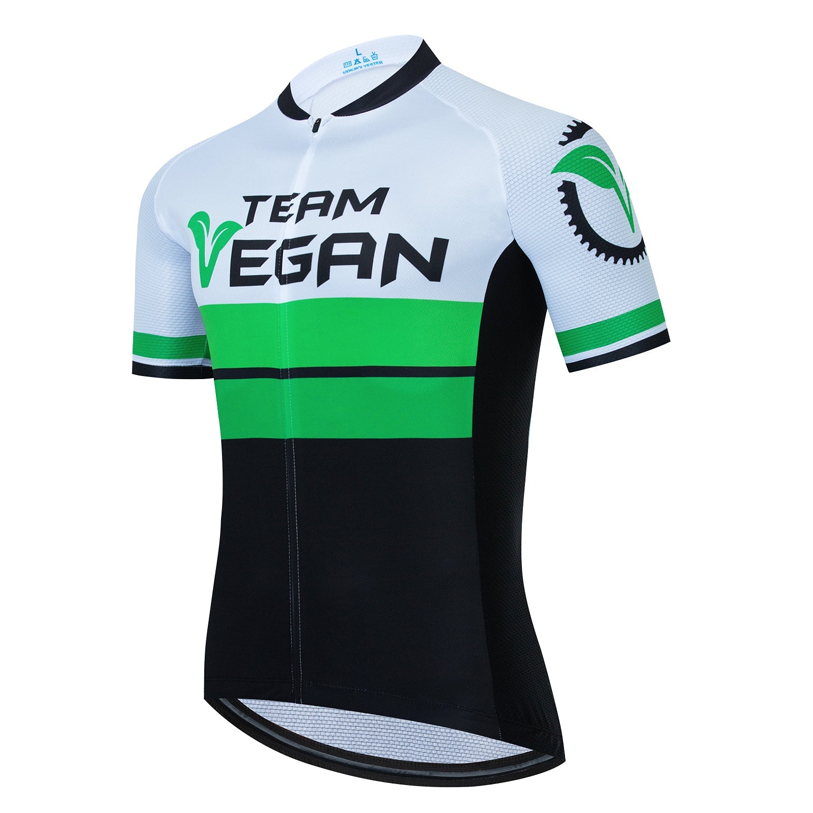 The Team Vegan Cycling Jersey is breathable and showcases green, black, and white colors with Team Vegan on the front. It features a leaf graphic, bike gear silhouette, short sleeves, and a zippered front for optimal comfort.