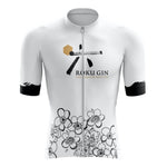 The Roku Gin Cycling Jersey is a lightweight polyester jersey featuring a front zipper, black brushstroke design, and plum blossoms near the hem. It exudes elegance with ROKU GIN and THE JAPANESE CRAFT GIN in sleek black lettering.