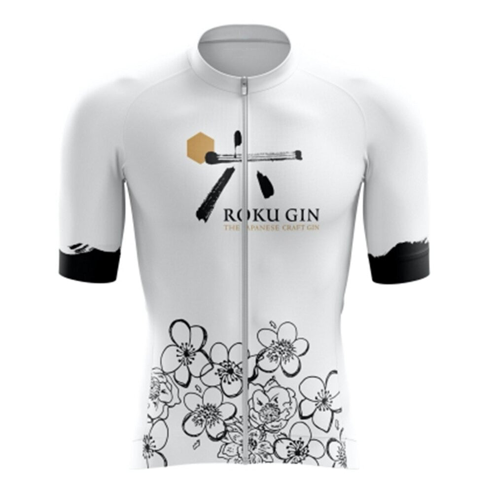 The Roku Gin Cycling Jersey is a lightweight polyester jersey featuring a front zipper, black brushstroke design, and plum blossoms near the hem. It exudes elegance with ROKU GIN and THE JAPANESE CRAFT GIN in sleek black lettering.