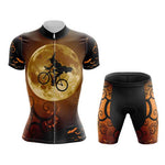 Experience the thrill of our Womens Witch on a Bike Halloween Cycling Jersey Set, featuring a witch on a bike against a full moon, with bats swirling in rich black, orange, and brown tones—ideal for adding spooky flair to your ride.