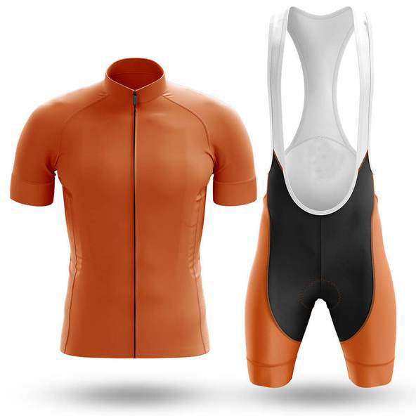 Explore the Plain Orange Cycling Jersey Set, featuring a vibrant orange short-sleeve jersey with a front zipper and breathable bib shorts. It includes white shoulder straps and a secure silicone waist strip, elegantly displayed on a white background.