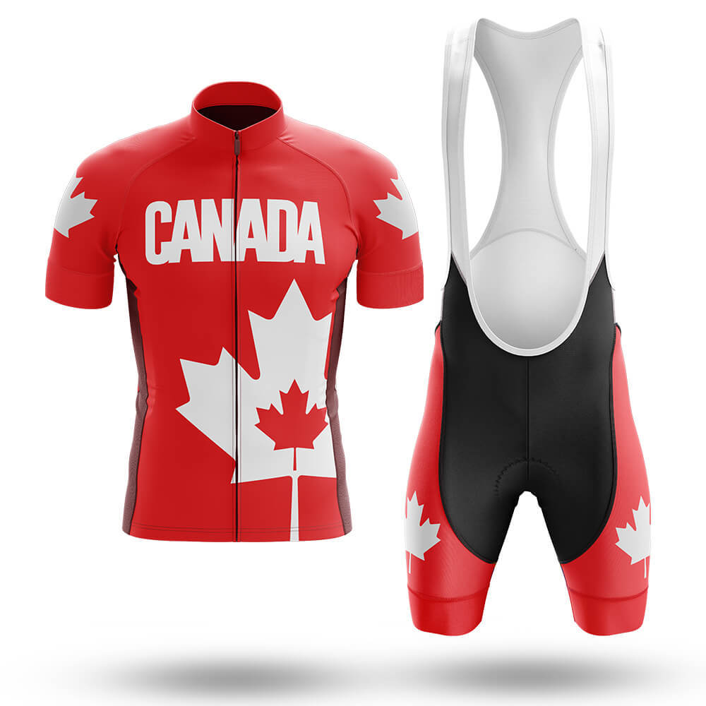 Introducing the Canadian Maple Leaf Cycling Jersey Set: a red and white ensemble featuring Canada text and maple leaf details. The lightweight polyester jersey includes a front zipper, while the bib shorts come with a gel seat pad for optimal comfort.