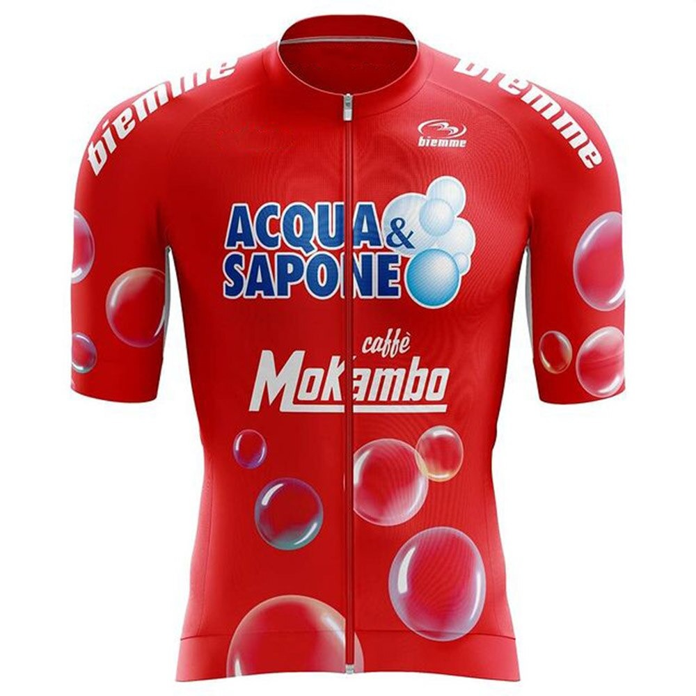 The Acqua Sapone Retro Cycling Jersey features bubble graphics, caffè Mokambo logos, and white sleeve text. Made of lightweight polyester, this performance jersey includes a convenient front zipper for optimal comfort.