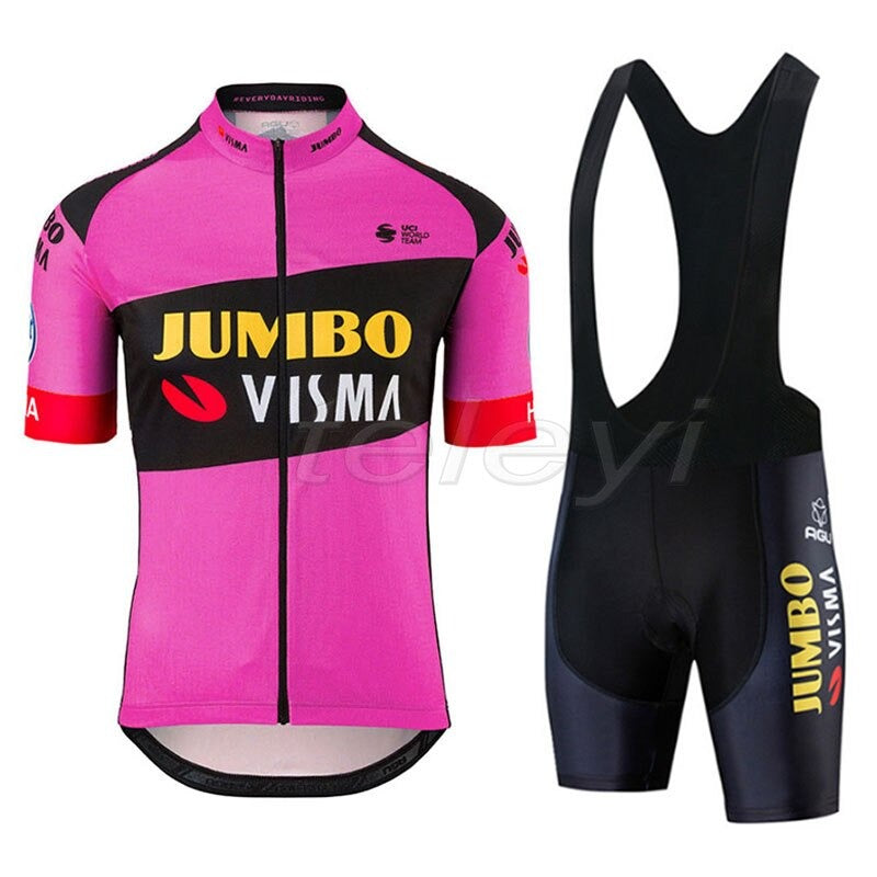 Introducing the Jumbo Visma Pro Team Cycling Jersey Set: a pink, short-sleeve, lightweight polyester jersey with black accents and Jumbo Visma logos, paired with sleek black bib shorts featuring Roglic and team branding for ultimate style on your ride.