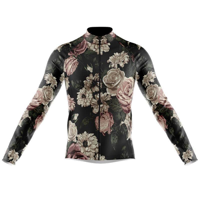 Explore the Floral Vintage Cycling Jersey, featuring a black background with a rose pattern in pink, white, and green. This sleek, long-sleeved jersey has a front zipper and fitted design. Also available as a fleece-lined option.