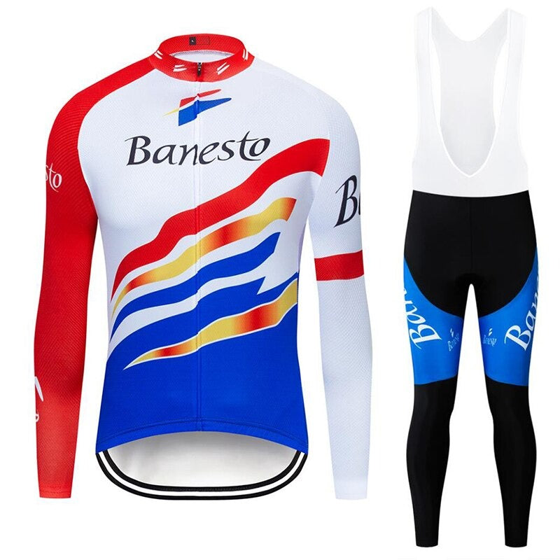 The Banesto Retro Cycling Jersey Long Set, featuring a red and white long-sleeve jersey with wavy stripes in blue, yellow, and red, paired with black bib tights with blue accents and logo, offers top-notch style and performance for avid cyclists. Fleece option available.