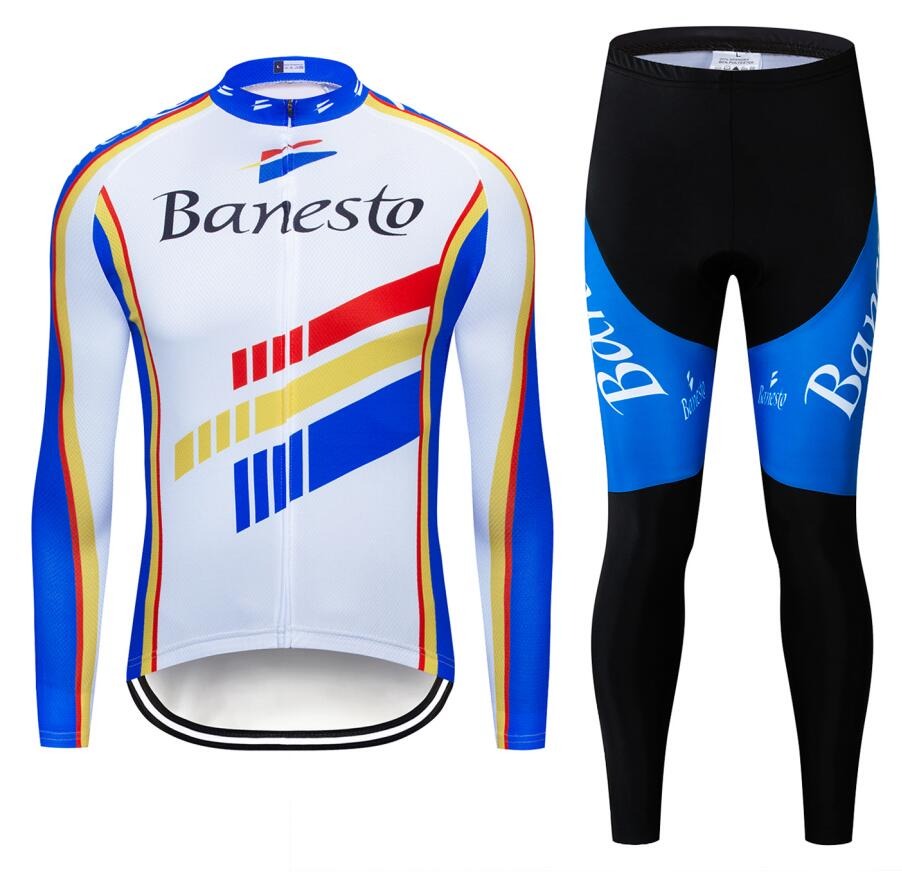 The Banesto Retro Cycling Jersey Long Set (With Fleece Option) features a classic white jersey with blue, red, and yellow stripes. The breathable fabric ensures comfort, while black pants with blue accents and Banesto text add style to every ride.