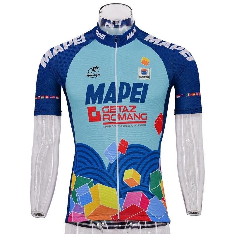The Mapei Getaz Romang Retro Cycling Jersey features a blue base with colorful geometric patterns and the MAPEI logo. It includes SPORTFUL, GETAZ ROMANG, and a cycling icon on the chest, plus blue collar and sleeves with MAPEI text in high-performance polyester.