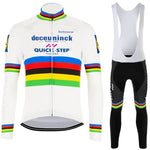 Inspired by pro cycling aesthetics, the Quick Step Deceuninck Pro Team Long Set includes a white jacket with multicolored stripes and logos, featuring a full zip front, and black bib tights with shoulder straps for comfort.
