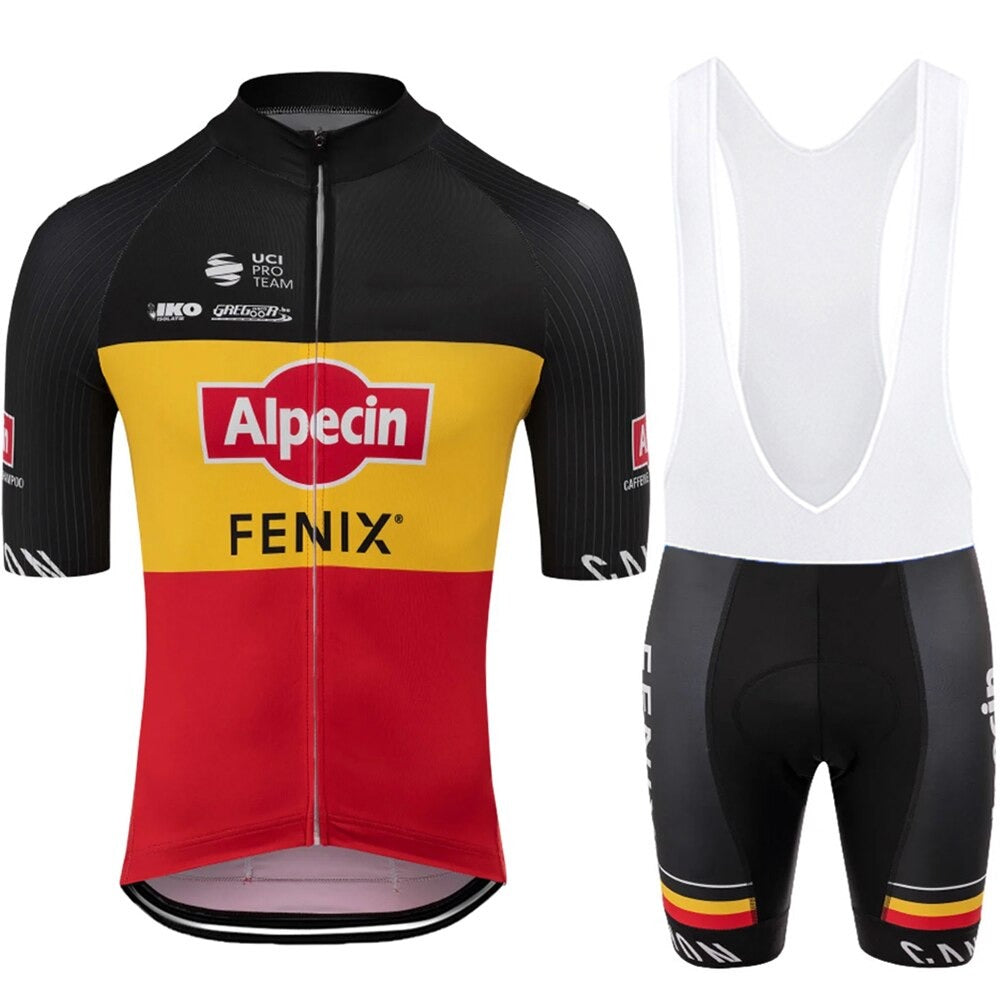 The Alpecin Fenix Cycling Team Jersey Set includes a breathable short-sleeve jersey in black with red and yellow sections and branding, paired with black bib shorts featuring white straps and matching colorful accents.