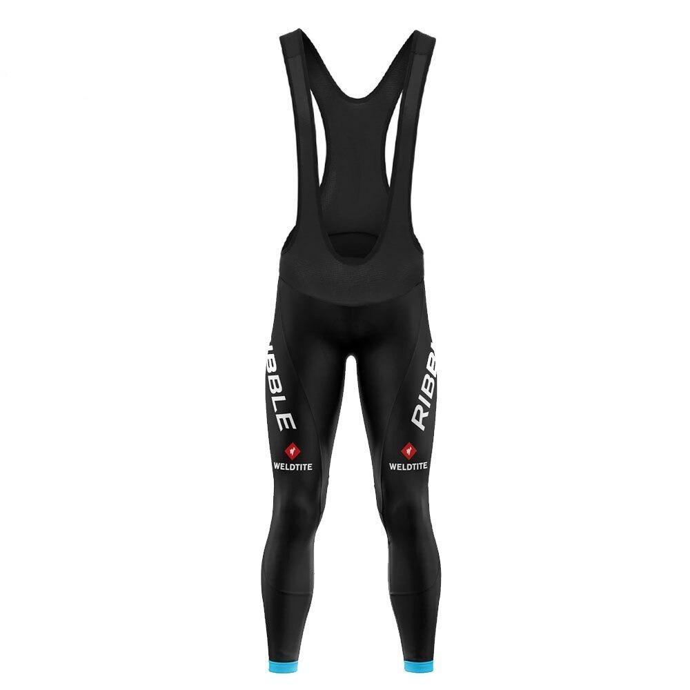 The Ribble Weldtite Cycling Team Leggings are black bib tights with logos on the sides, featuring blue ankle accents and shoulder straps for comfort during winter rides.
