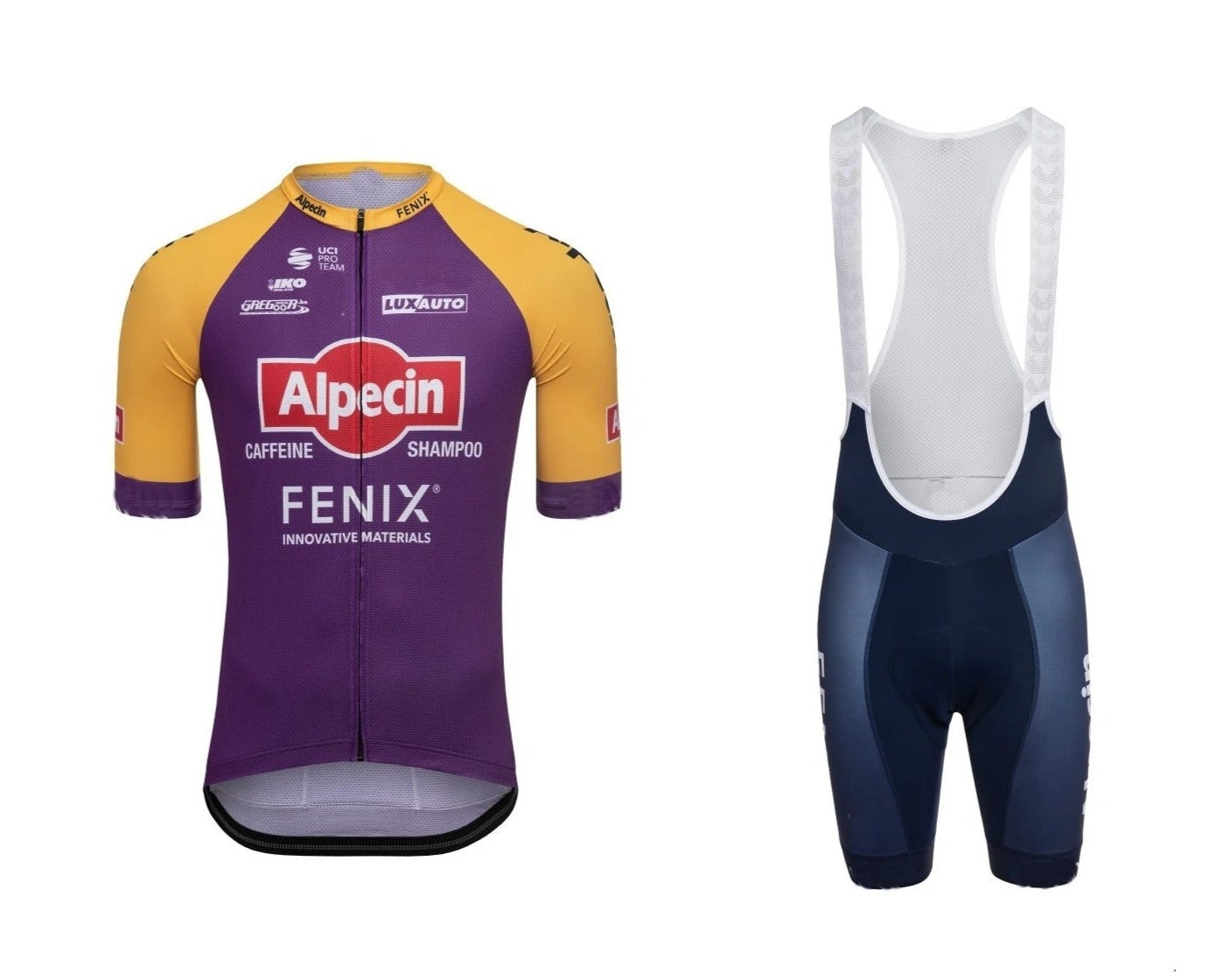 The Alpecin Fenix Special Edition Cycling Team Jersey Set features a vibrant yellow and purple short-sleeved jersey, adorned with logos and branding on breathable fabric, perfectly paired with navy blue bib shorts that include white shoulder straps and padding for comfort.