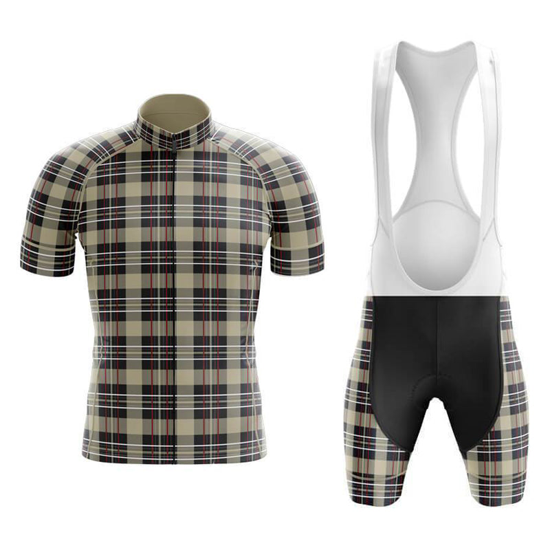 The Tartan Off Green Cycling Jersey Set features a retro vibe with a plaid design in beige, black, and red on the short-sleeve jersey. The black bib shorts come with white straps and matching tartan pattern sides for a cohesive cycling look.
