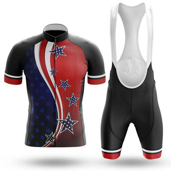The American Flag Cycling Jersey Set includes a lightweight polyester short-sleeve jersey with a swirling flag design in red, white, and blue. Accompanied by breathable black bib shorts with red and white accents, this kit ensures optimal comfort and performance.