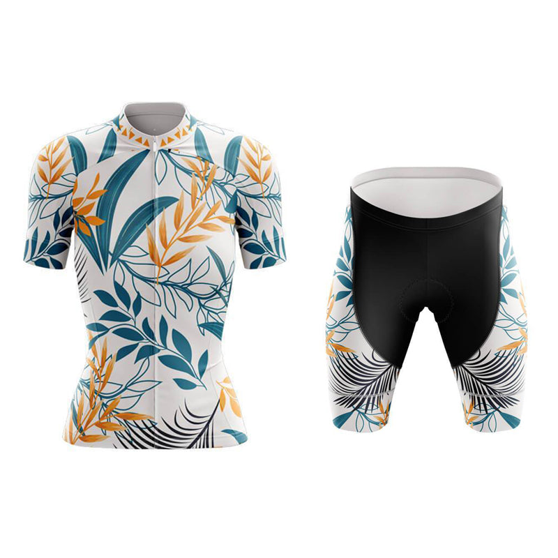 Introducing the Womens Floral White Blue Cycling Jersey Set, crafted from lightweight polyester with a stunning floral design of blue, yellow, and black leaf patterns on a white background. The black shorts have matching side patterns and a gel seat pad for ultimate comfort.