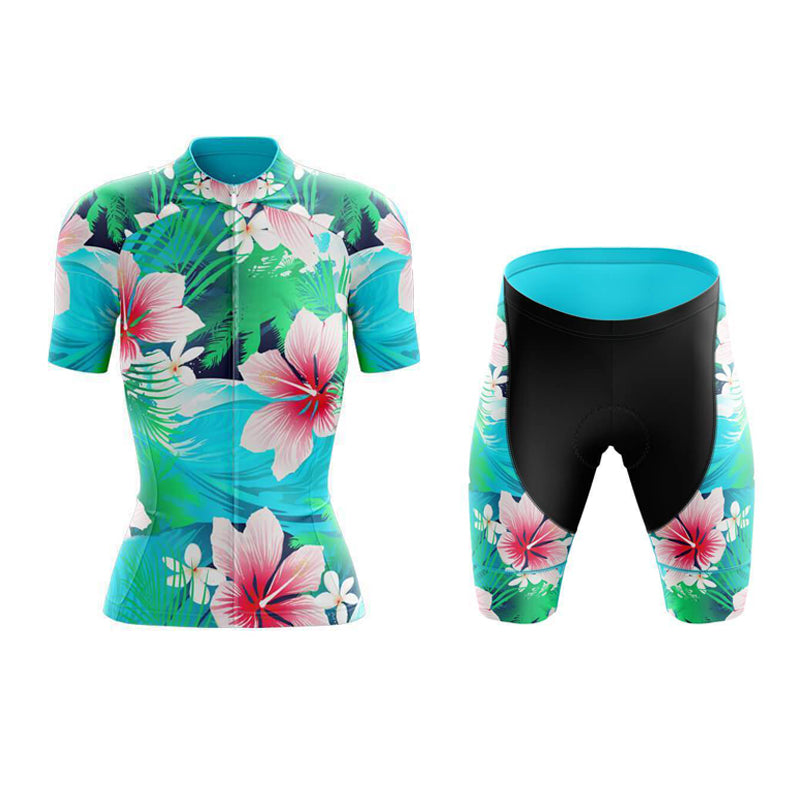 Experience vibrant rides in our Womens Floral Oriental Lily Cycling Jersey Set featuring a lightweight polyester jersey with tropical floral designs in blue, pink, and white on green. Paired with Gel Seat Pad Shorts, this set ensures comfort and style for every adventure.