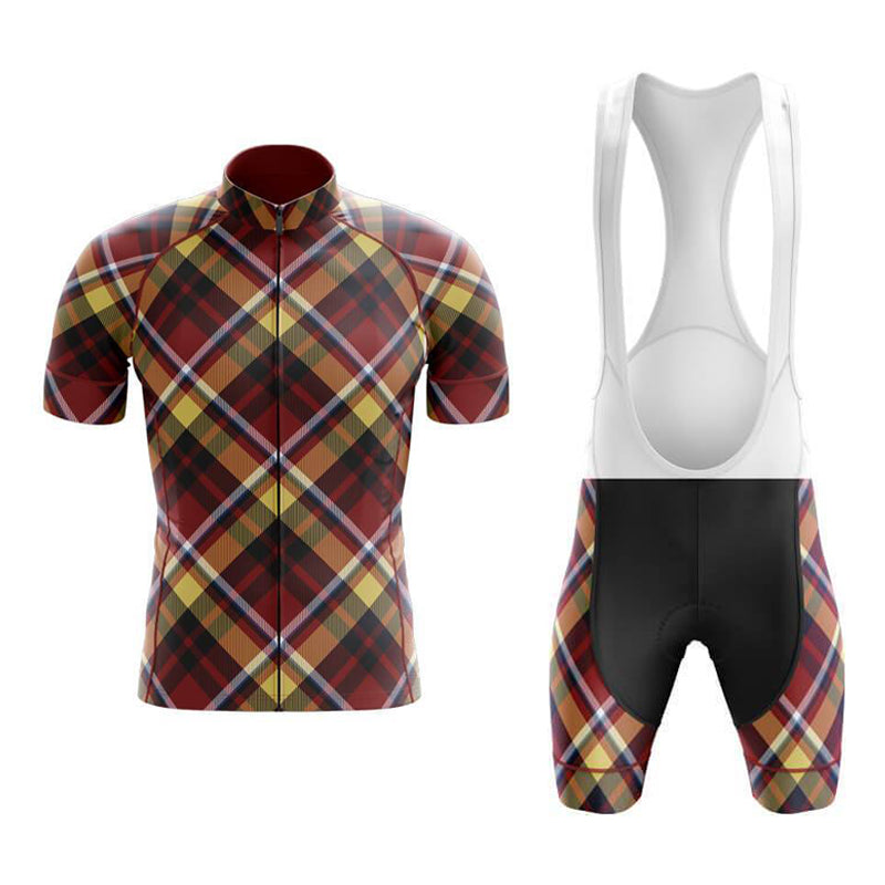 The Tartan Rouge Yellow Cycling Jersey Set features a short-sleeve jersey with a retro red, yellow, and black checkered pattern. The bib shorts complement the jersey with plaid sides, a classic black center panel, and white straps for a unified style.