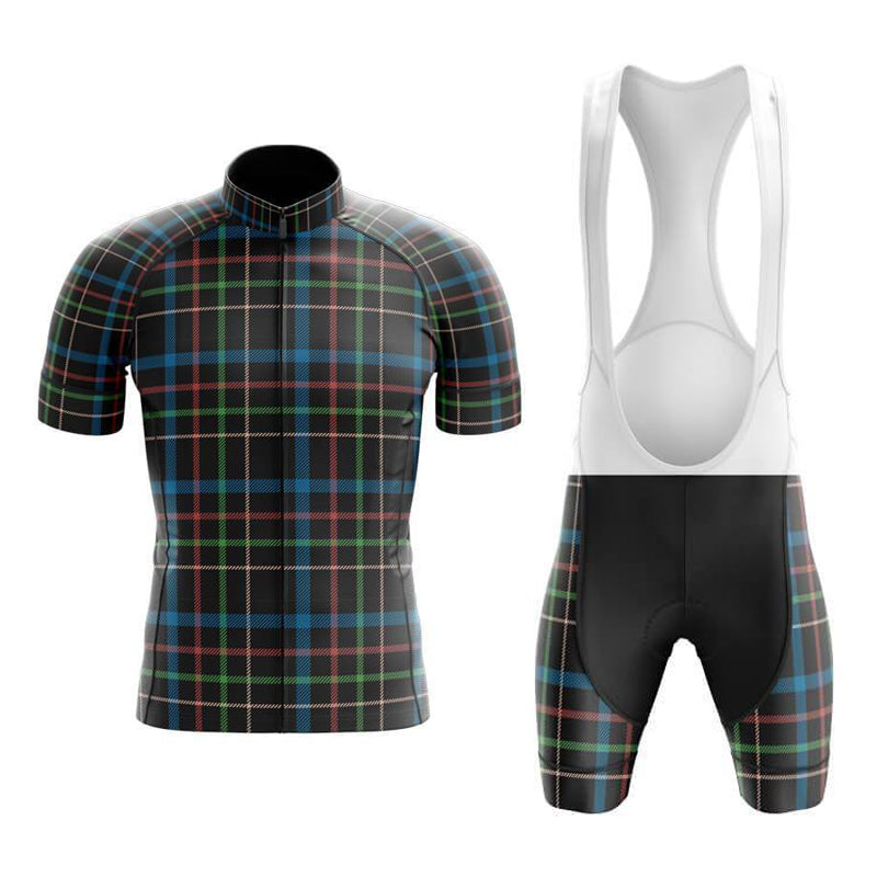 The Tartan Black Blue Green Cycling Jersey Set includes a short-sleeved jersey with a colorful plaid pattern in blue, green, and red on a dark backdrop. The set is paired with breathable black bib shorts featuring white straps.