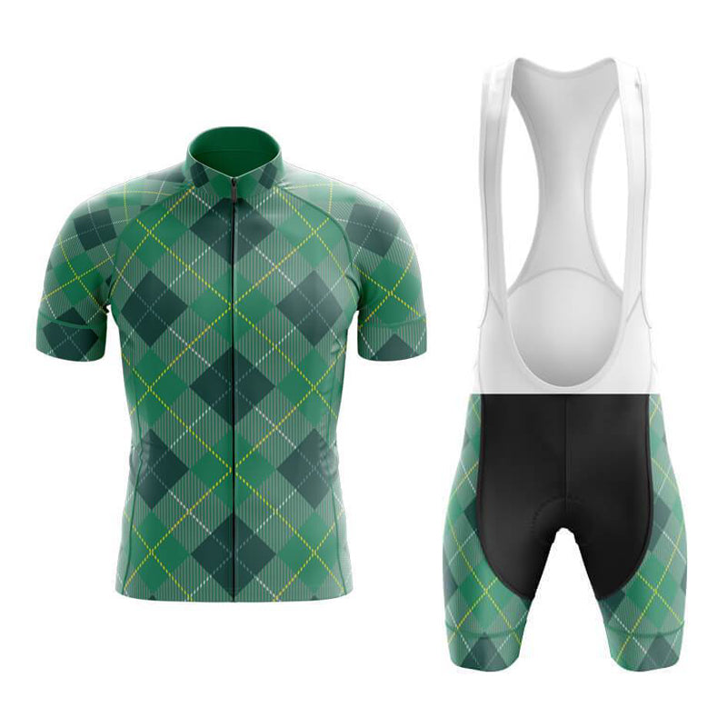 The Tartan Light Green Cycling Jersey Set includes a green argyle-patterned tartan short-sleeve jersey and matching breathable shorts with green and yellow diamond patterns on the legs, solid black at the bottom, and white straps, all crafted from lightweight polyester.