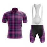 Explore our Tartan Purple Cycling Jersey Set, featuring a lightweight polyester jersey with a purple and black plaid design, front zipper, and solid collar. Paired with bib shorts that have white straps, a solid black seat area, and a gel seat pad for added comfort.