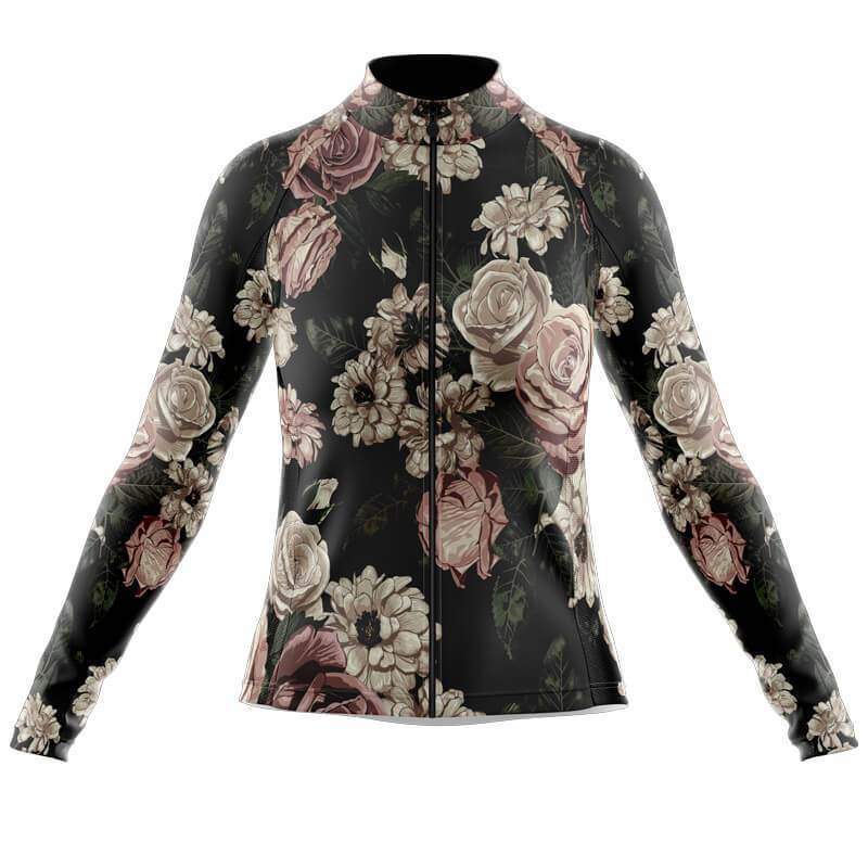 The Womens Long Sleeve Floral Vintage Jersey, available with a fleece option, features pink roses and white chrysanthemums on a dark background, elegantly displayed against a plain white backdrop.