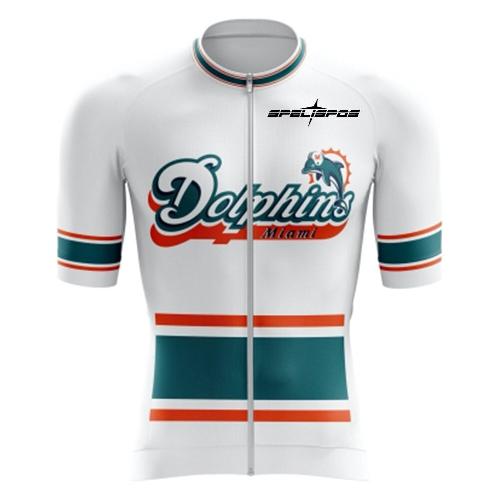 The Miami Dolphins Cycling Jersey is a white jersey styled like a Miami Dolphins uniform. It features the Dolphins Miami logo with the iconic dolphin graphic and includes teal and orange stripes on the chest, sleeves, and waist with a sleek center zipper.