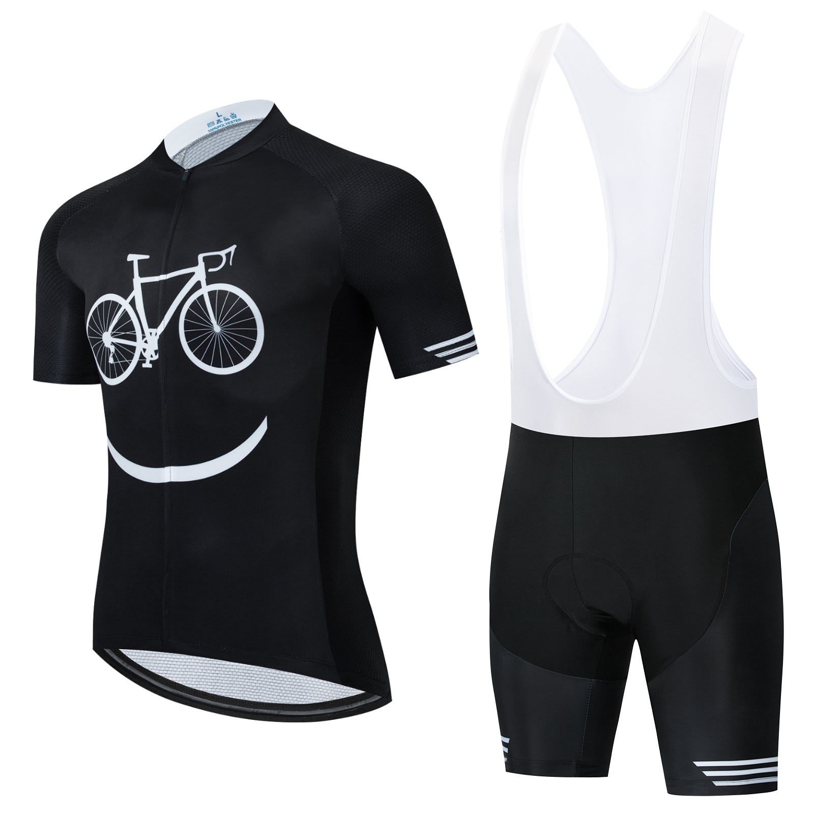 The Bike Smiley Face Cycling Jersey Set features a lightweight black polyester short-sleeve jersey with a white bicycle and smile graphic, paired with black and white bib shorts. Enjoy comfortable long rides thanks to the built-in gel seat pad.