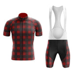 The Tartan Red Cycling Jersey Set includes a lightweight polyester jersey with short sleeves and matching bib shorts featuring a gel seat pad and white straps. The contrasting black seat area ensures both style and functionality. Displayed on a plain white background, its perfect for cyclists.