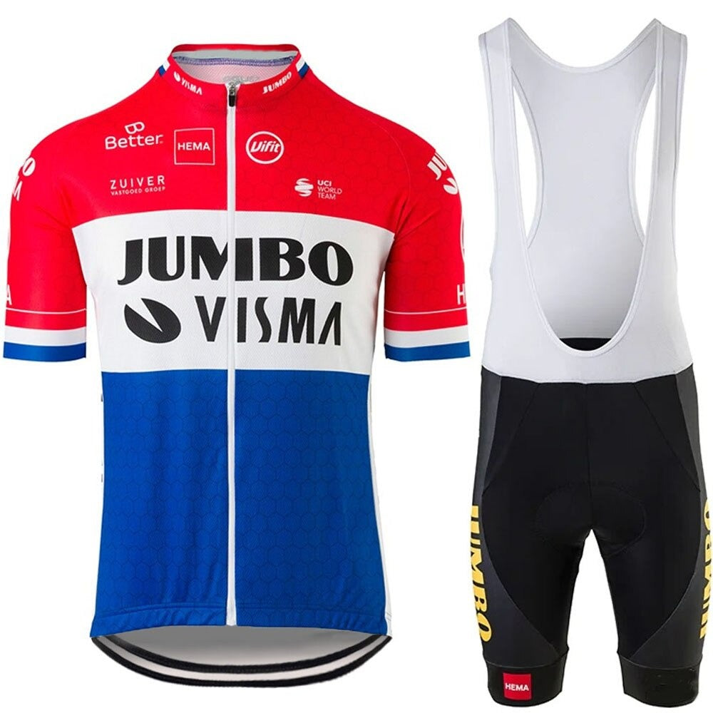 Experience top performance with the Jumbo Visma Pro Team Cycling Jersey Set, crafted from lightweight polyester, featuring a pro team short-sleeve jersey in red, white, and blue paired with black bib shorts showcasing Jumbo in bold yellow on the side.