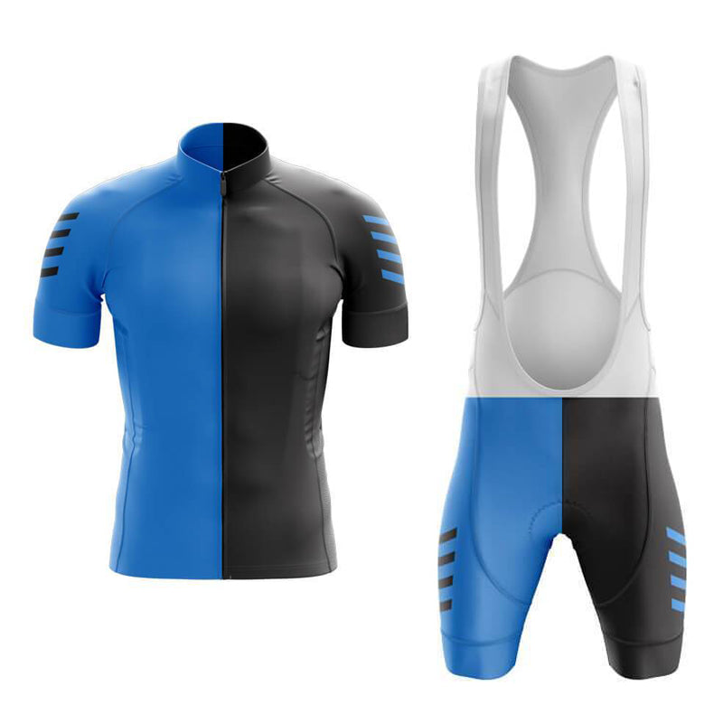 Explore the Blue Split Cycling Jersey Set, made from lightweight polyester. It includes a short-sleeve jersey with a half blue, half black design and blue striped sleeves, plus breathable bib shorts in sleek blue and black with white suspenders.