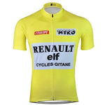 Retro cycling jersey in lightweight polyester features short sleeves and logos of LÉquipe, MIKO, Renault, elf, and Cycles Gitane on white panels. A center zipper enhances performance comfort. Product: LEquipe Miko Renault-Elf Retro Cycling Jersey.