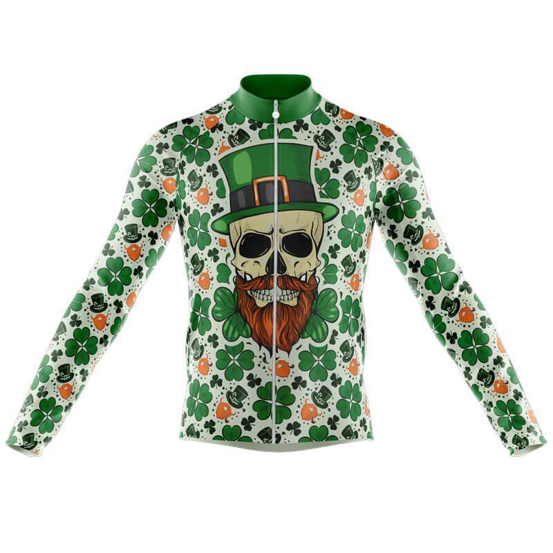 Show your festive spirit with the Lucky Irish Skull Long Sleeved Retro Cycling Jersey, featuring a skull in a green top hat, an orange beard, shamrocks, and colorful polka dots in green, orange, and white for St. Patricks Day flair. Fleece option available.