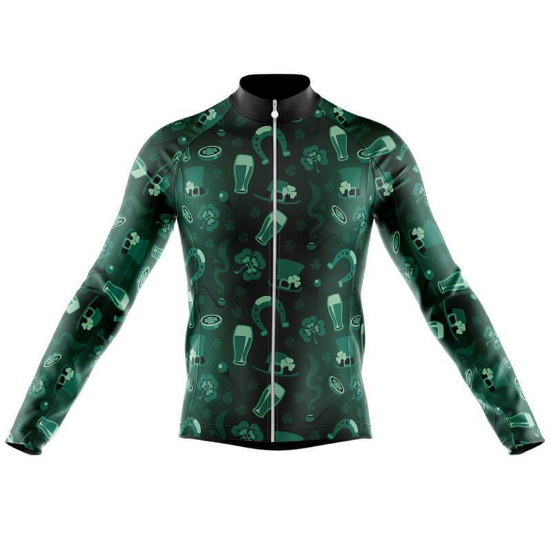 The Lucky Irish Long Sleeved Retro Cycling Jersey flaunts dark and light green St. Patricks Day patterns with clovers, beer mugs, and leprechaun hats. It features a black collar and full front zipper, perfect for festive rides in style. Fleece option available.