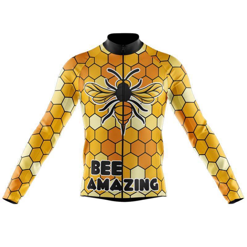 Explore our Bee Amazing Cycling Jersey featuring a honeycomb pattern, an eye-catching large bee graphic on the chest, and crafted from lightweight polyester. This predominantly yellow and black jersey prominently features BEE AMAZING in bold letters at the bottom.