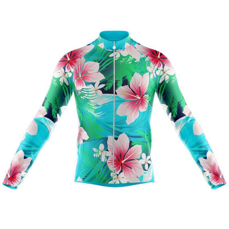 The colorful Floral Oriental Lily Cycling Jersey boasts large pink flowers and green leaves on a bright turquoise, tropical pattern. Made from lightweight polyester, it features a front zip for comfort. A long-sleeve design with an optional fleece version is available.