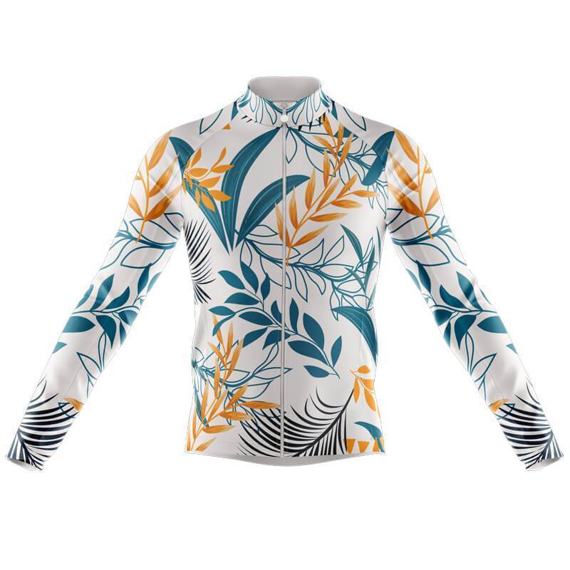 A Floral White Blue Cycling Jersey with a long sleeve option showcases a stylized leaf pattern in teal and mustard yellow, offering a bold and modern design inspired by cycling jerseys.