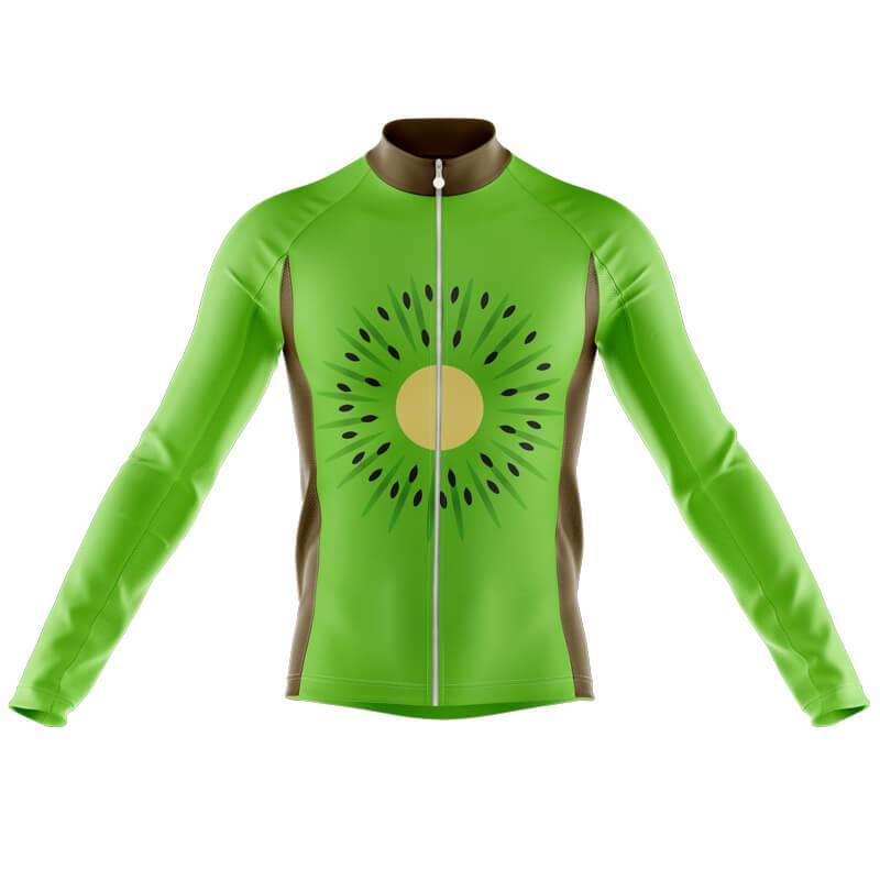 The Kiwi Fruit Long Sleeved Retro Cycling Jersey features a kiwi-inspired design with a large yellow circle and black seeds. It includes a white front zipper, brown side panels, and offers a fleece option for warmth on cooler rides.