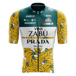 The Vini Zabu Cycling Jersey features a green and white top with Vini Zabù and Prada Milano logos. Made from lightweight polyester for breathability, it has a vibrant yellow banana pattern on the bottom.