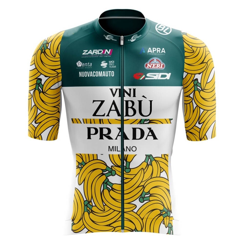 The Vini Zabu Cycling Jersey features a green and white top with Vini ZabΓΉ and Prada Milano logos. Made from lightweight polyester for breathability, it has a vibrant yellow banana pattern on the bottom.