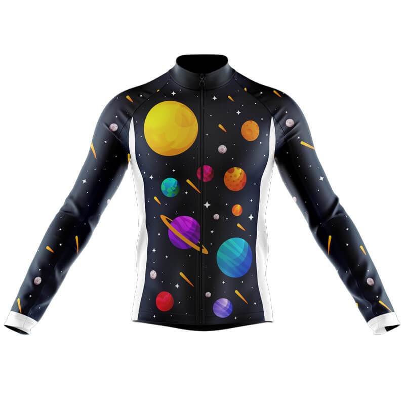 The Solar System Planets Cycling Jersey is a long-sleeve, front-facing jersey featuring planets, stars, and asteroids on a black background with a full-length center zipper and an optional cozy fleece lining for warmth on cold rides.