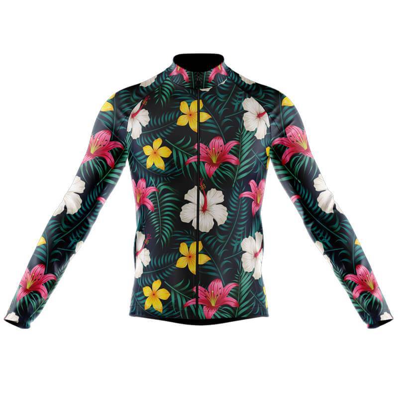 The Floral Big Yellow Pink Cycling Jersey features a vibrant tropical design with yellow and pink flowers and green leaves on black. This long-sleeved jersey, ideal for cyclists, combines style with practicality.