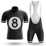 The Magic 8 Ball Cycling Jersey Set includes a black jersey with a white number 8, short sleeves, and a front zipper. The bib shorts feature white straps, all crafted from breathable fabric and accented with stylish white stripes.